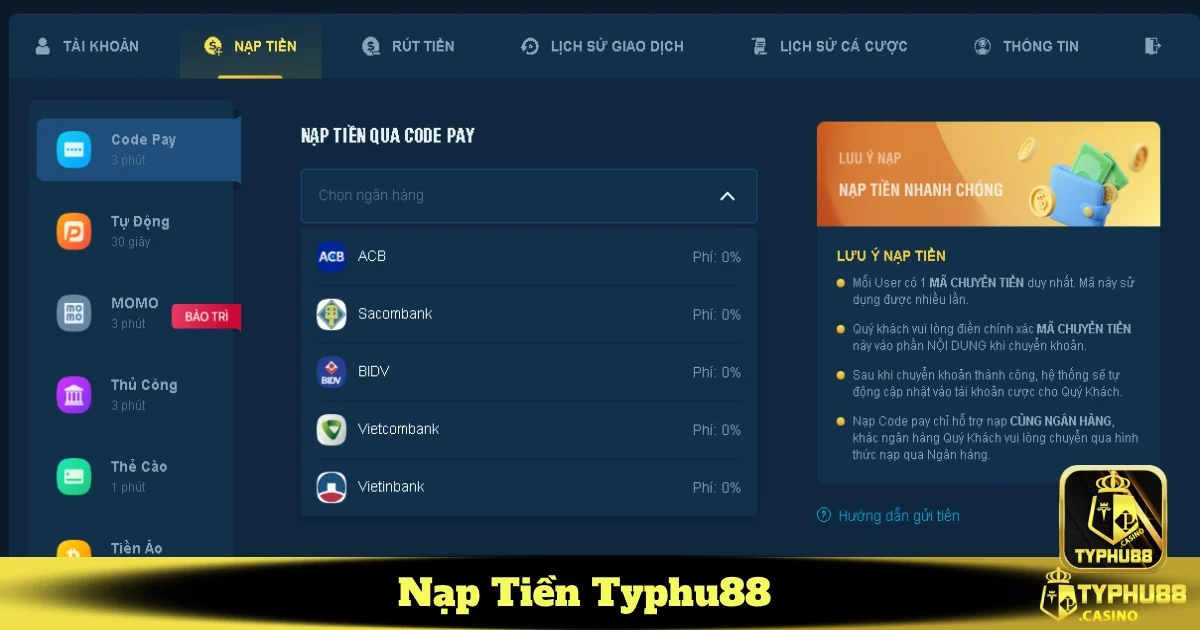 Ưu đãi khi nạp tiền tại Typhu88